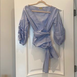 Blue pinstriped wrap blouse